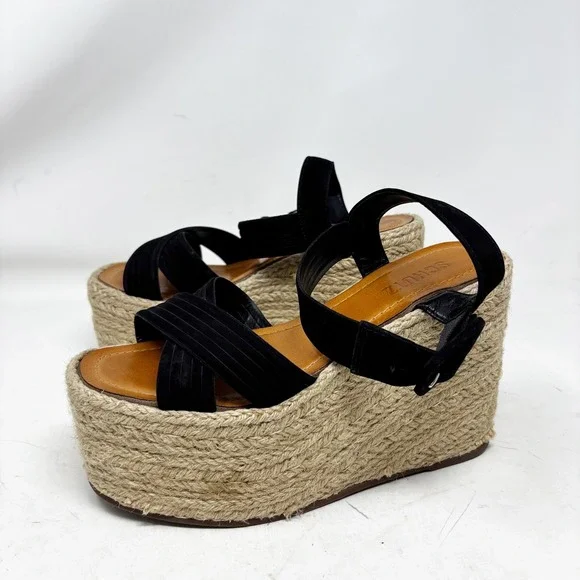 Schutz Black Suede Espadrille Platform Wedge Sandals Size 7.5 Natural Neutral - Picture 1 of 8